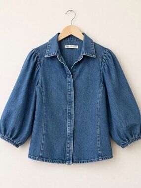 Zara Denim Puff Sleeve Blouse Size S